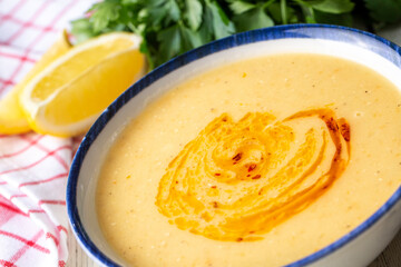 Traditional delicious Turkish foods; Red lentil soup (Turkish name; Mercimek corbasi)