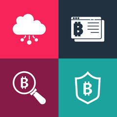 Set pop art Shield with bitcoin, Magnifying glass Bitcoin, browser and Cryptocurrency cloud mining icon. Vector.