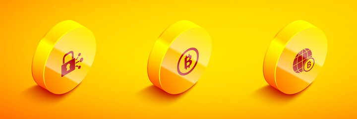 Obraz premium Set Isometric Lock with bitcoin, Bitcoin and Globe icon. Vector.