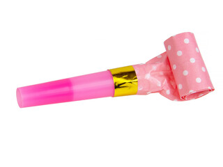 Rolled pink festive noisemaker or party whistle horn isolated on the white background