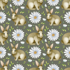 Watercolor easter seamless pattern. For the design of wrapping paper, fabric. Spring background. daisy, bunny.