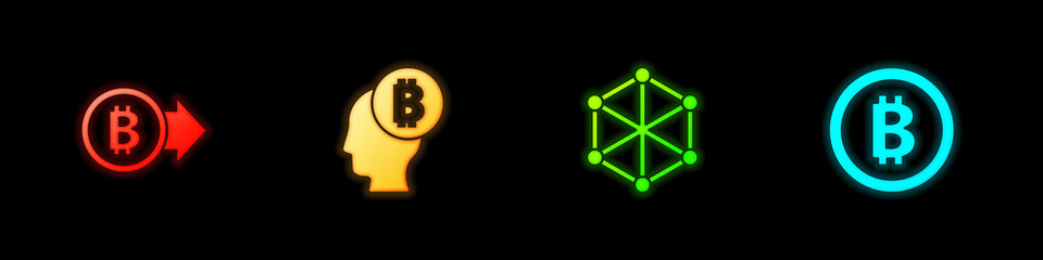 Set Bitcoin, think, Blockchain technology and icon. Vector.