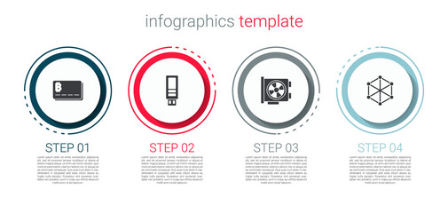 Set Credit card with bitcoin, USB flash drive, Video graphic and Blockchain technology. Business infographic template. Vector.