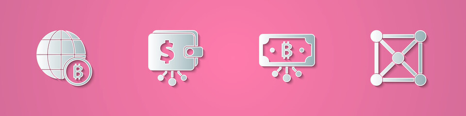 Set paper cut Globe Bitcoin, Cryptocurrency wallet, with circuit and Blockchain technology icon. Paper art style. Vector.