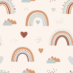 Nahtloses kindliches Muster mit handgezeichneten Regenbogen und Herzen. Kreative skandinavische Kindertextur für Stoffe, Verpackungen, Textilien, Tapeten, Bekleidung. Vektor-Illustration