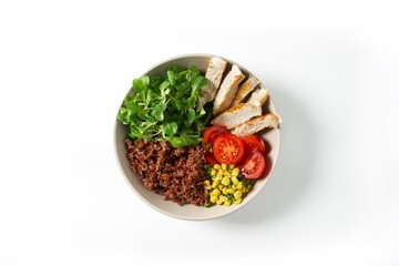 Bowl Turkey fillet, brown rice, corn, tomato and corn salad