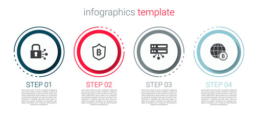 Set Lock with bitcoin, Shield, Server and Globe Bitcoin. Business infographic template. Vector.