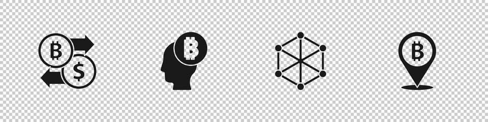 Set Cryptocurrency exchange, Bitcoin think, Blockchain technology and icon. Vector.