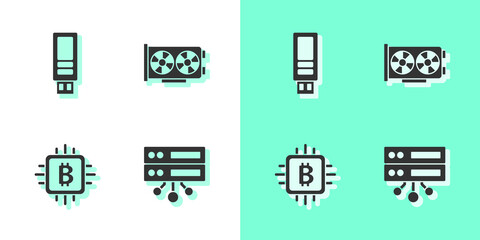 Set Server, USB flash drive, CPU mining farm and Video graphic card icon. Vector.