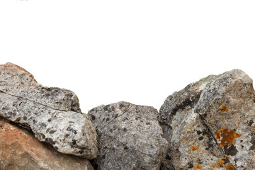 Dry stone or Drystack isolated on white background. Common orange lichens on rock. Cutout pre-cut for projects, photobashing, digital painting. Graphic resources concept. Horizontal shot. Closeup view