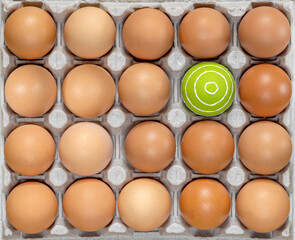 Easter eggs. Celebration Easter. Eggs in carton. Eggs in box. Healthy Farm Food in eco packaging. One colorful easter egg among the raw, unpainted eggs. Holiday easter decoration.