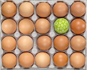 Easter eggs. Celebration Easter. Eggs in carton. Eggs in box. Healthy Farm Food in eco packaging. One colorful easter egg among the raw, unpainted eggs. Holiday easter decoration.