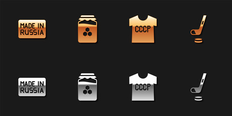 Set Made in Russia, Jar of honey, USSR t-shirt and Ice hockey stick and puck icon. Vector.