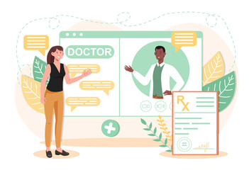 Online medical advise or consultation service by Internet. Doctor, Telemedicine, Health Care Medical Service for Patients. Multiracial people. Flat abstract cartoon vector illustration design.