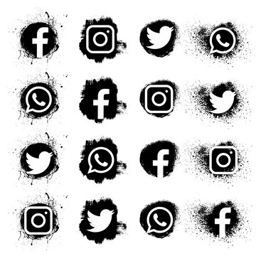 Set of social media icons. Instagram, Facebook, Twitter, WhatsApp in grunge style. vector