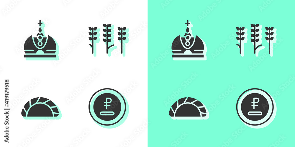 Sticker set rouble, ruble currency, king crown, dumpling and wheat icon. vector.