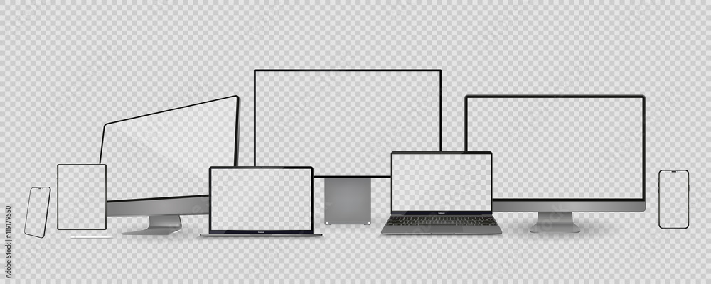Poster set of realistic computer monitor, laptop, tablet and mobile phone with empty white screen. various 
