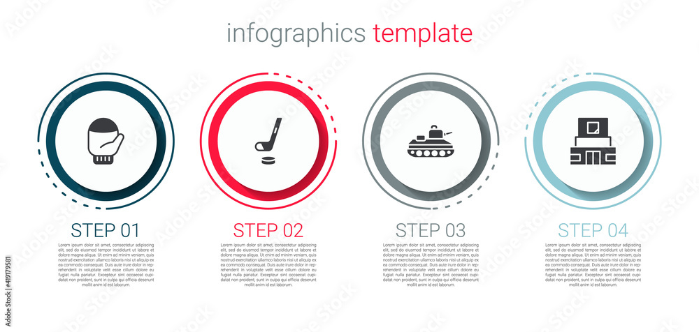 Sticker Set Christmas mitten, Ice hockey stick and puck, Military tank and Mausoleum of Lenin. Business infographic template. Vector.