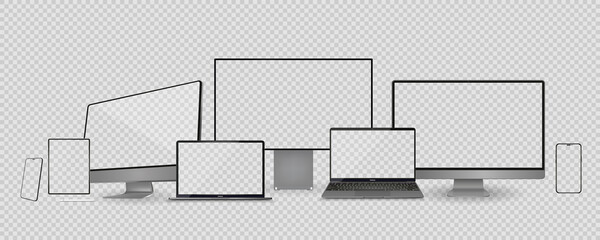 Set of realistic computer monitor, laptop, tablet and mobile phone with empty white screen. Various modern electronic gadget isolated on white background. Vector illustration EPS10