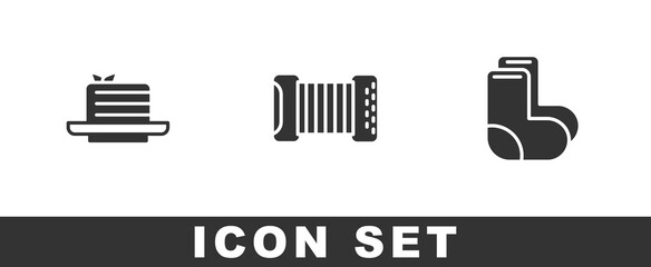 Set Medovik, Accordion and Valenki icon. Vector.