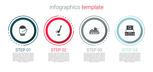Set Christmas mitten, Ice hockey stick and puck, Military tank and Mausoleum of Lenin. Business infographic template. Vector.