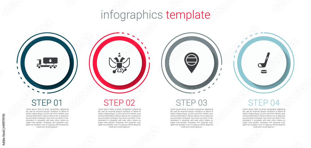 Sticker Set Tanker truck, National emblem of Russia, Location and Ice hockey stick and puck. Business infographic template. Vector.