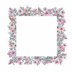 Watercolor floral frame. Apple tree flowers. Postcard, invitation.