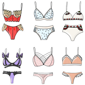 Collection of elegant lingerie. Trendy female underwear. Set of womens lingerie, types of bras. Colorful illustration.