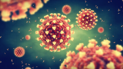 The Coronavirus is a highly infectious virus that causes severe acute respiratory syndrom. The coronavirus disease 2019 (COVID-19) global pandemic is caused by the novel SARS CoV-2. - obrazy, fototapety, plakaty