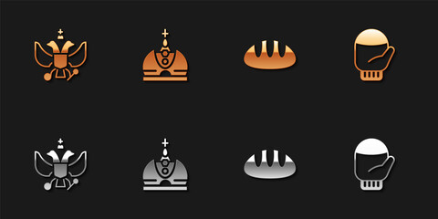 Set National emblem of Russia, King crown, Bread loaf and Christmas mitten icon. Vector.