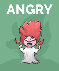 cute cartoon little girl with red hair angry and mad, her hair start floating up represent her anger. suited for podcast album cover, spotify, sale, advertising, postcard, vector, wallpaper, etc.