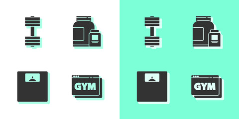 Set Online fitness and training, Dumbbell, Bathroom scales and Sports nutrition icon. Vector.