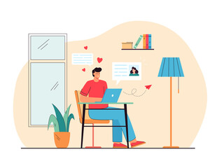 Cheerful man dating with woman online flat vector illustration. Cartoon happy guy sending message to girlfriend on laptop computer. Social media and finding partner concept