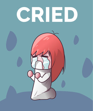 Cute Cartoon Little Girl With Red Hair Kneel Down And Crying. Suited For Podcast Album Cover, Spotify, Sale, Advertising, Postcard, Vector, Wallpaper, Etc.