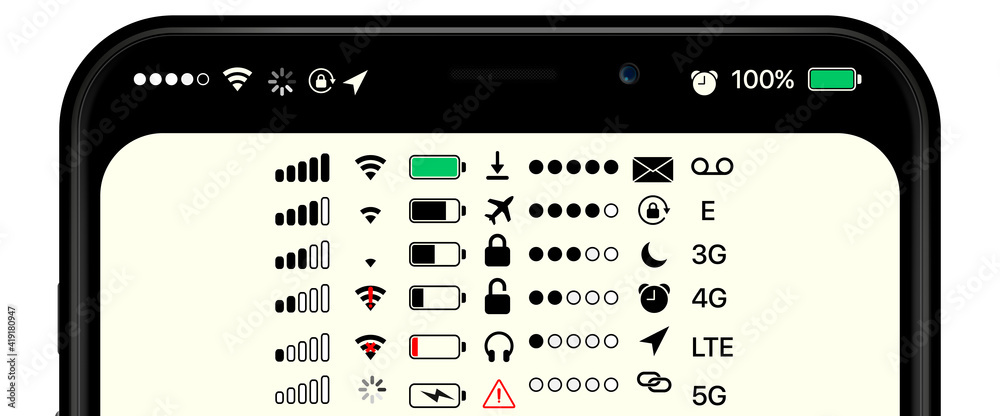 Poster Phone bar status Icons, battery Icon, wifi signal strength. Vector mobile interface top bar icon set for network signals and telephone charge levels status