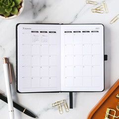 Modern planner flat lay with desk props