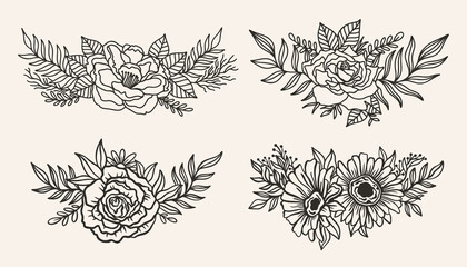 Floral border arrangement elegant.Ink line style.Flower leaf botanical design.