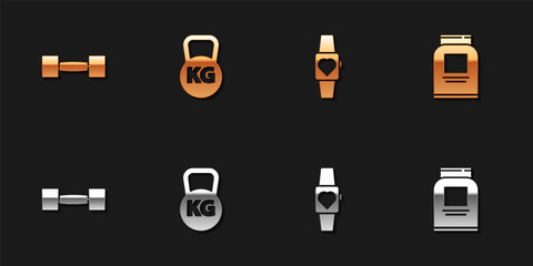 Set Dumbbell, Kettlebell, Smartwatch and Sports nutrition icon. Vector.