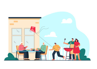 Happy family cooking BBQ at backyard flat vector illustration. Cartoon grandparents, parents and kids relaxing outdoors near house. Barbecue at garden, picnic time and leisure concept