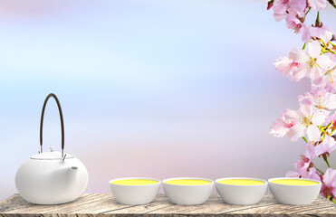 3d rendering of cup of hot tea is laid on a wooden floor with nice background