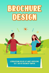 Happy young couple dating outside. Guy offering hand to his girlfriend flat vector illustration. Dating, romance, relationship concept for banner, website design or landing web page
