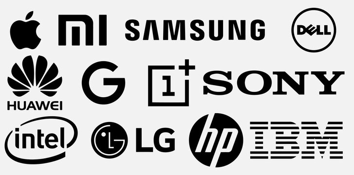 Top Electronic Companies Logo. Apple, Xiaomi, Samsung, Huawei, HP, LG, Sony, Google, Dell, Oneplus, IBM, Intel Icon.