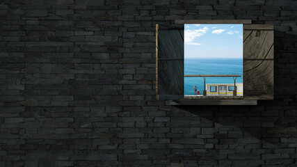 3d rendering of brick make wall with wood windows and nice view