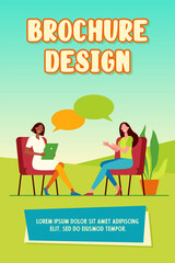 Happy women sitting and talking to each other. Dialog, psychologist, tablet flat vector illustration. Psychotherapy or communication concept for banner, website design or landing web page