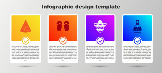 Set Nachos, Flip flops, Mexican man sombrero and Tequila bottle. Business infographic template. Vector.