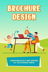 Tired mom working at laptop at home. Active kids bothering freelance mother flat vector illustration. Motherhood, lockdown, distance work concept for banner, website design or landing web page