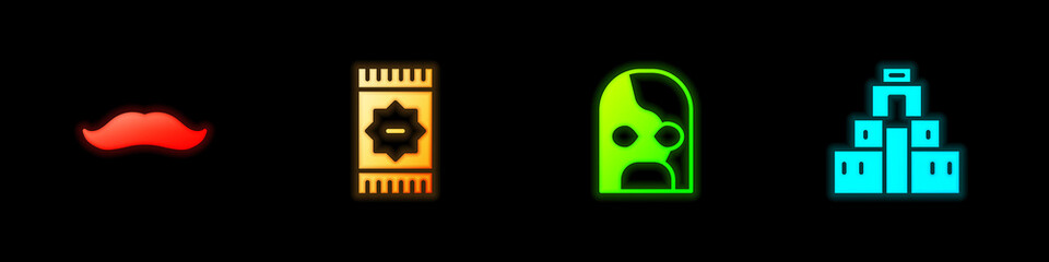 Set Mustache, Mexican carpet, wrestler and Chichen Itza in Mayan icon. Vector.