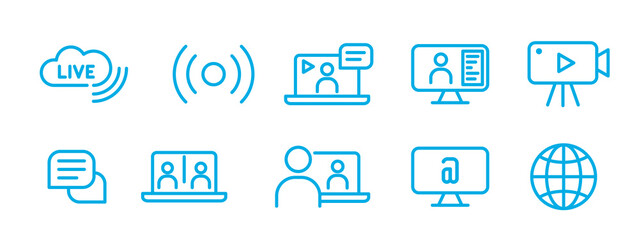 Stream broadcast online meeting icon. Set of live streaming icons. Set of Live broadcasting icons. Button, blue symbols for news, TV, movies, shows. Vector - 419183593