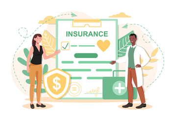 Health insurance concept. Patient with doctor in white coat nurse costume standing in front of the clipboard. Flat abstract cartoon outline vector illustration isolated on white background