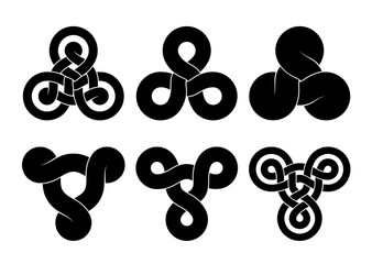 Set of triquetra knot signs made of three connected disks and rings. Vector tattoo flat design illustration. - 419183726